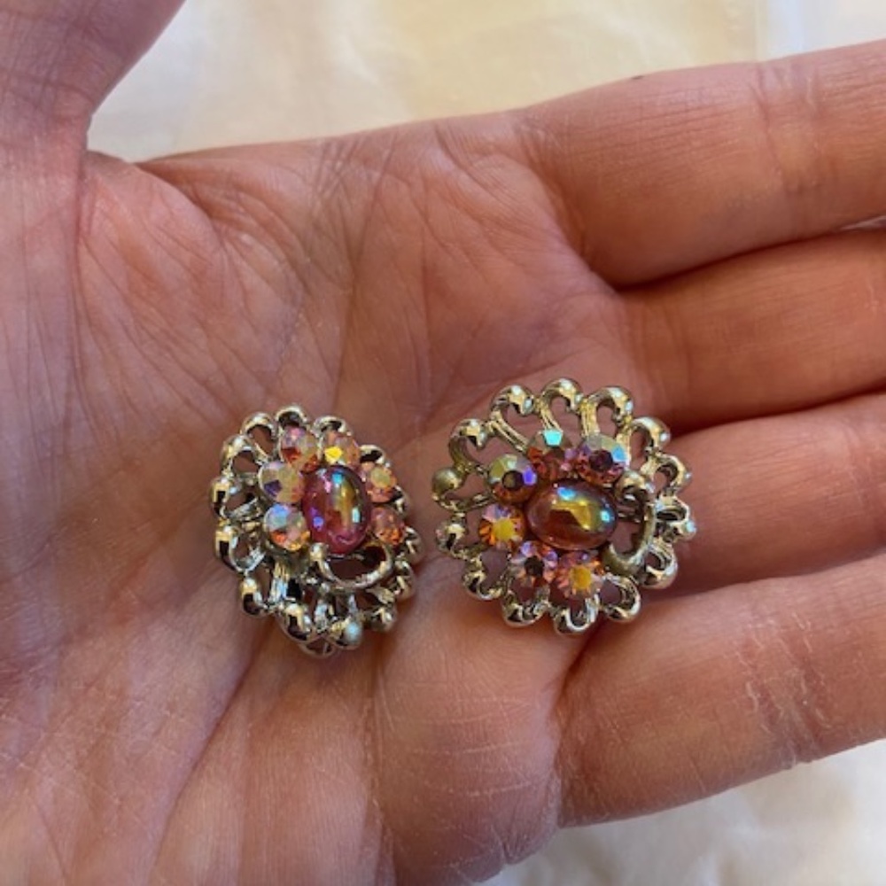Vintage silver clip on earrings costume pink stones, faux aurora borealis